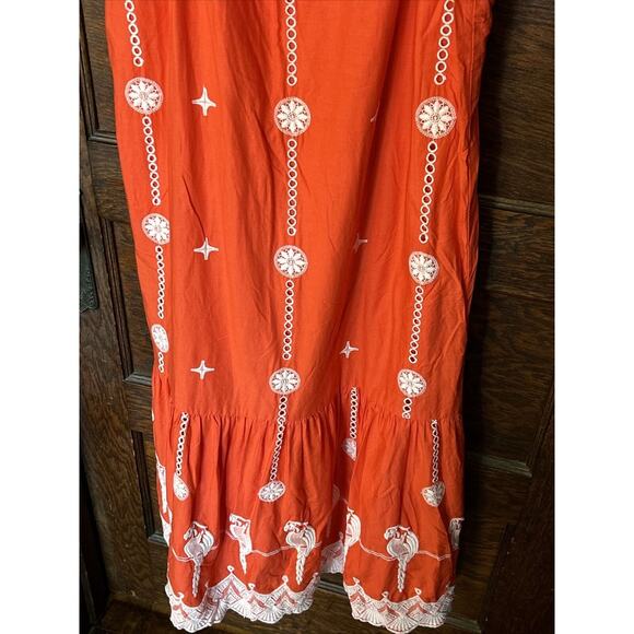 Joie Cleta Red White Salsa Embroidered Parrot Cotton Eyelet Maxi Dress Sz L - Picture 3 of 11
